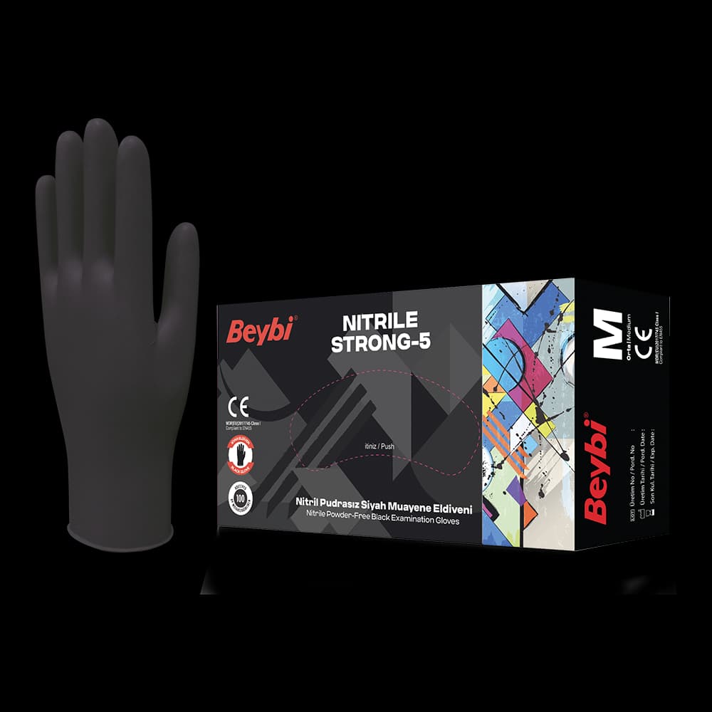 Strong-5 Powder Free Black Nitrile Examination Gloves - Box of 100