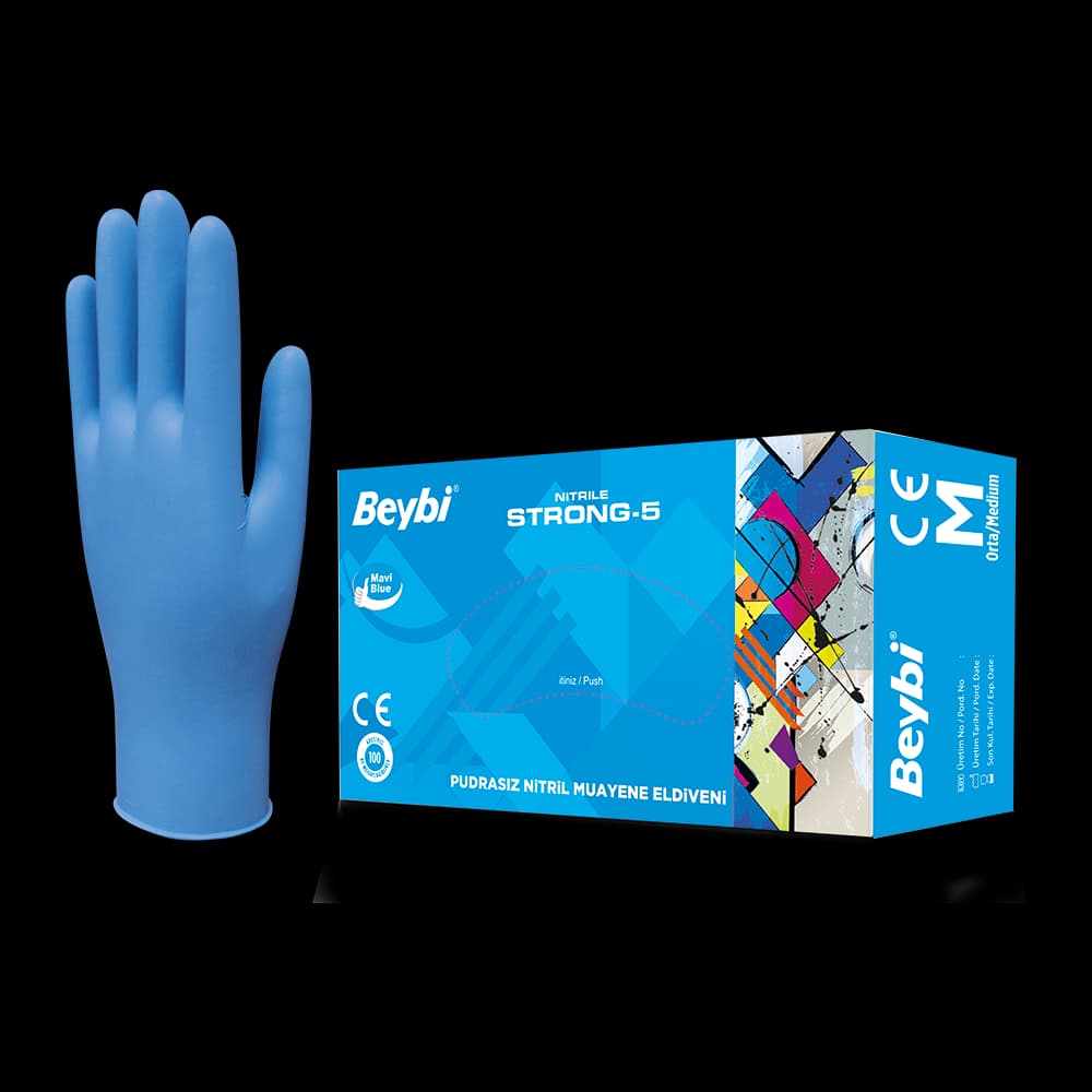 Strong-5 Powder Free Blue Nitrile Examination Gloves - Box of 100